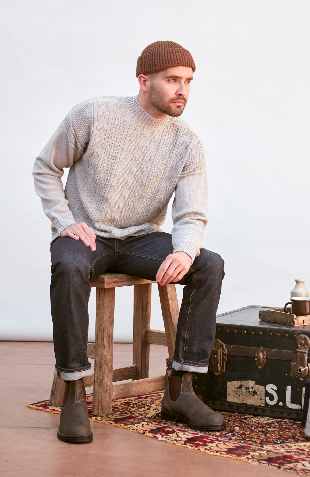 Mens Midweight Cotton Mock Neck Gansey Jumper