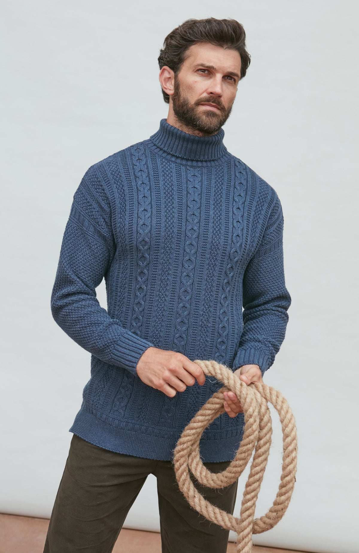 Mens Midweight Cotton Cable Roll Neck Gansey Jumper
