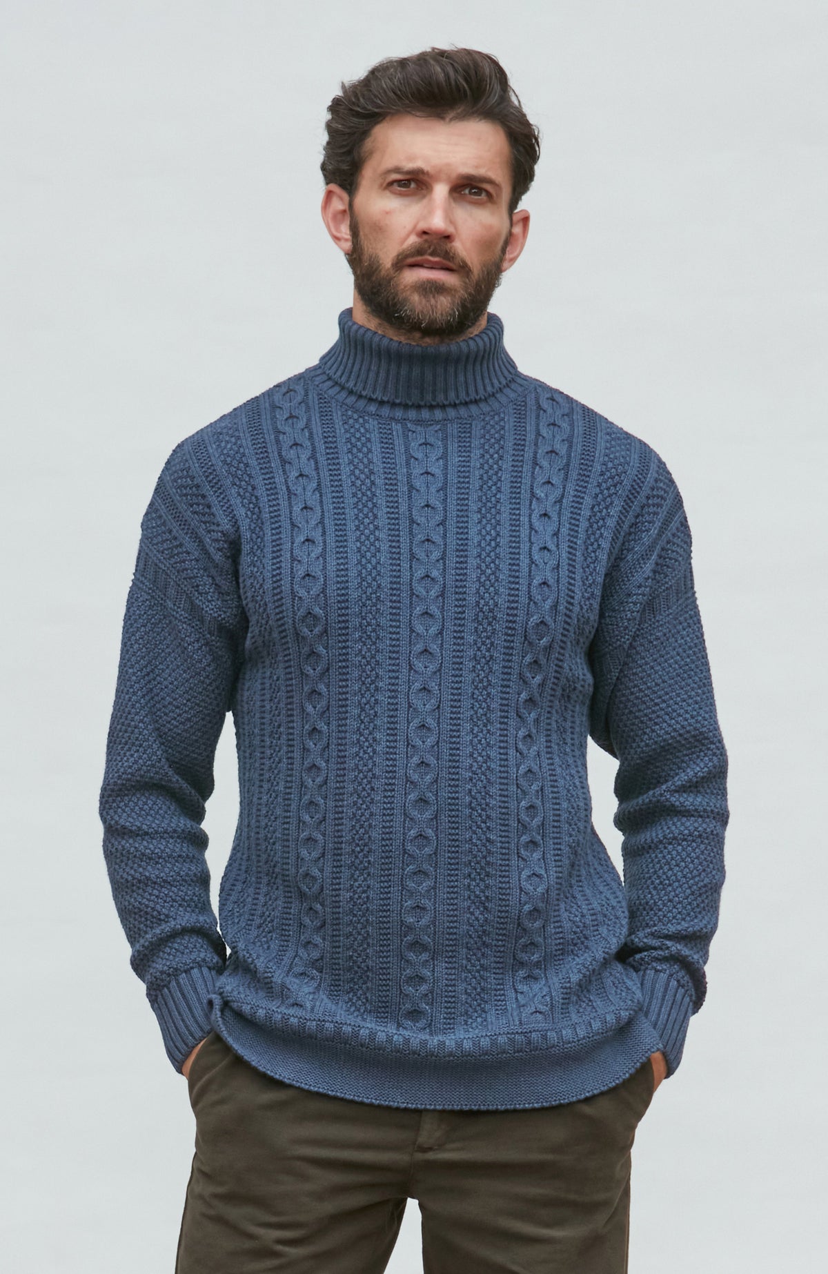 Mens Midweight Cotton Cable Roll Neck Gansey Jumper