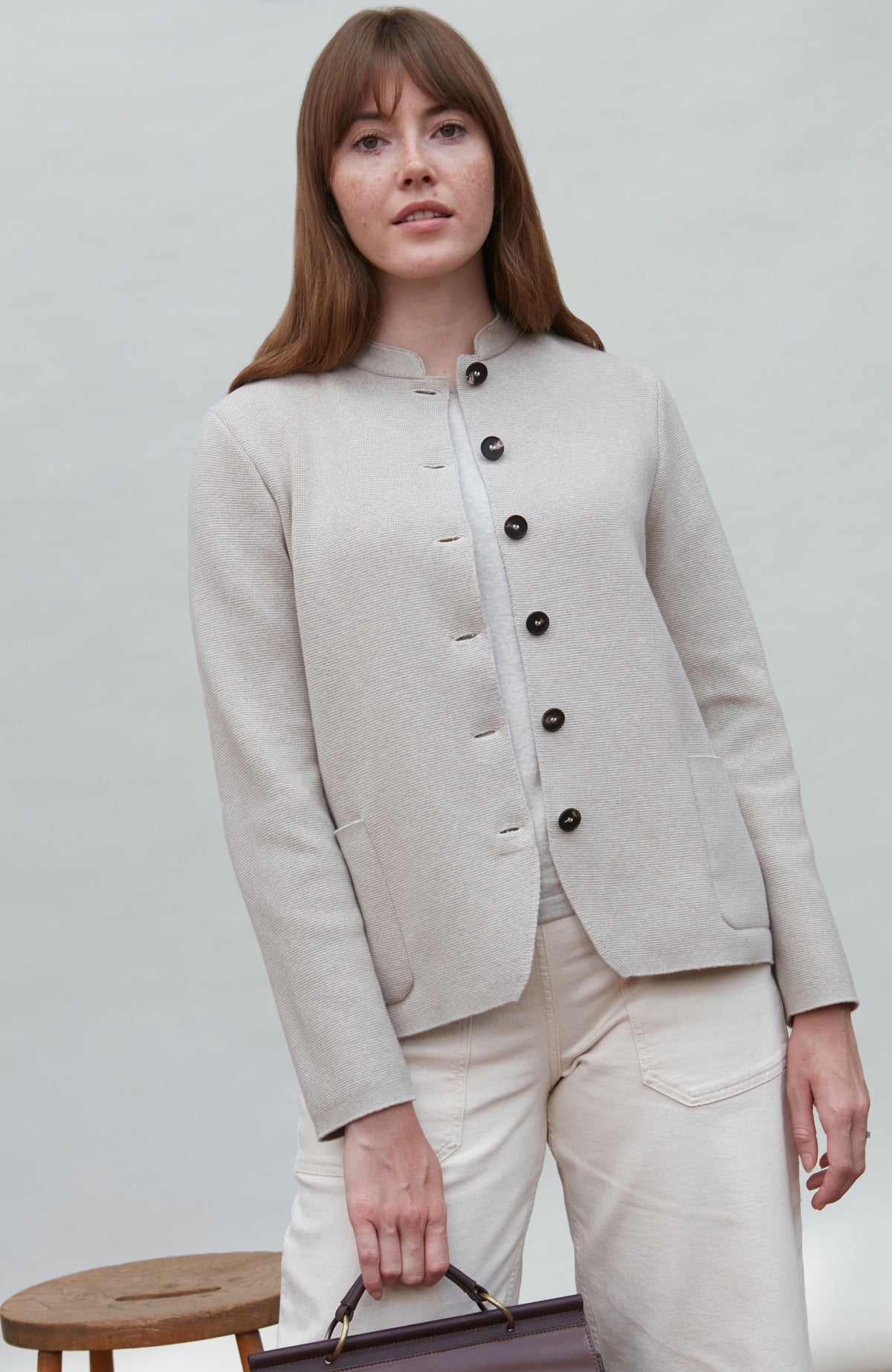 Womens Midweight Cotton Knitted Nehru Jacket