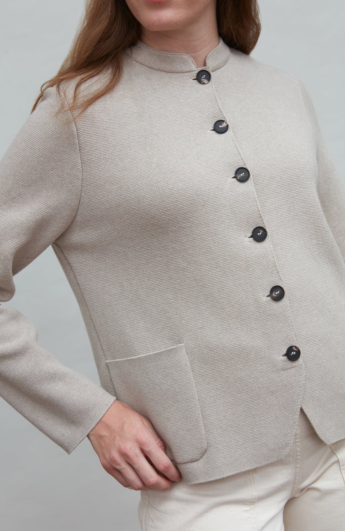 Womens Midweight Cotton Knitted Nehru Jacket