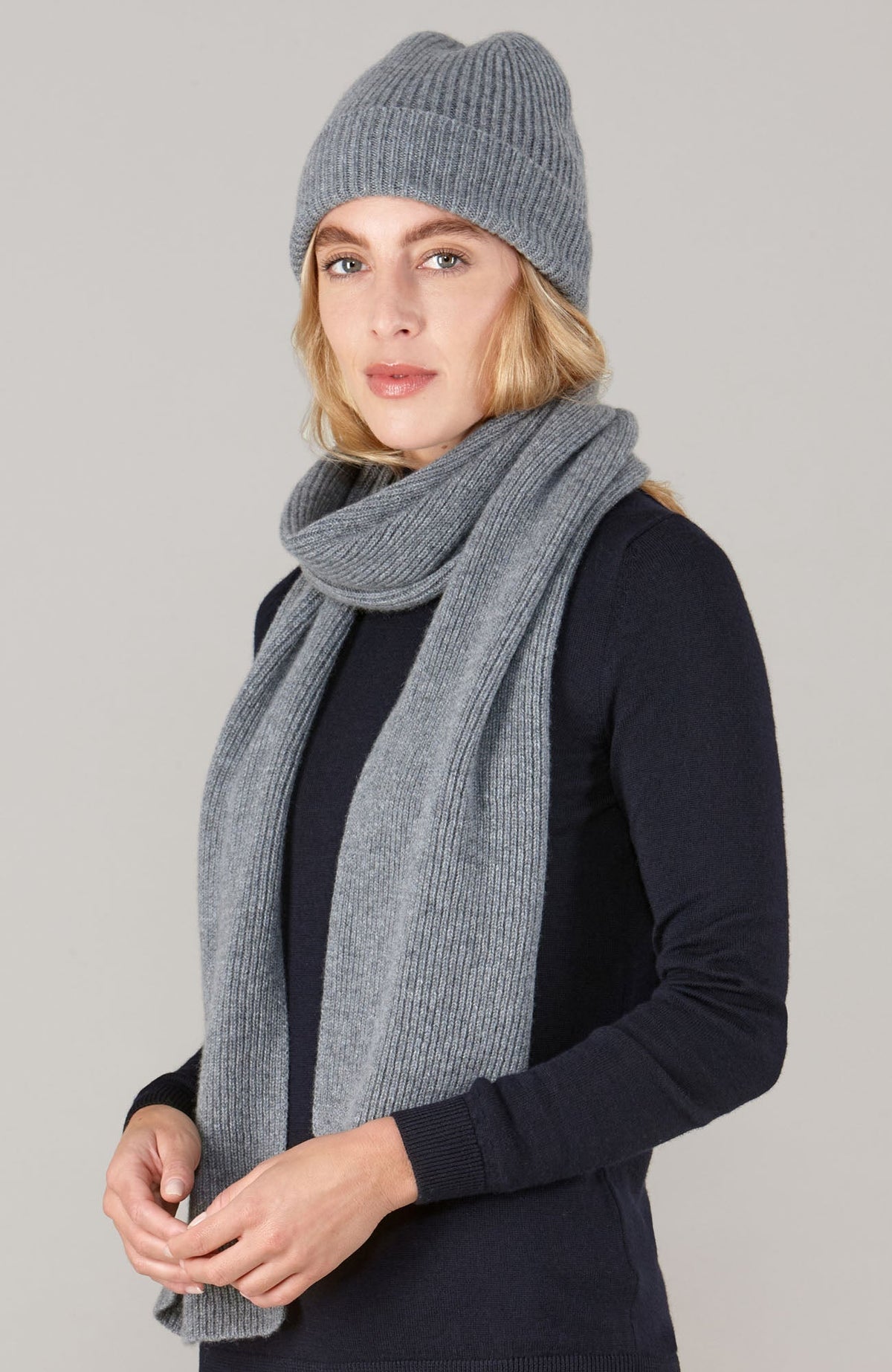 100% Cashmere Ribbed Beanie Hat & Scarf Gift Set