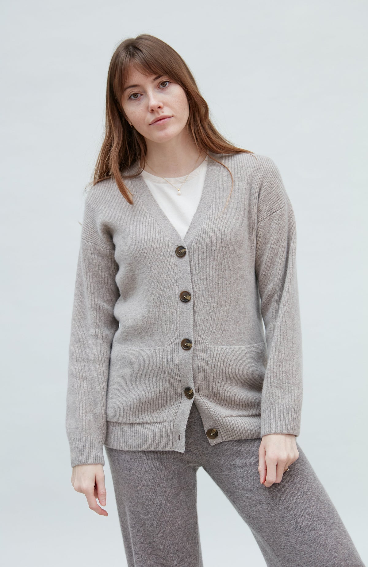 Womens Lambswool V Neck Ribbed Cardigan with Pockets