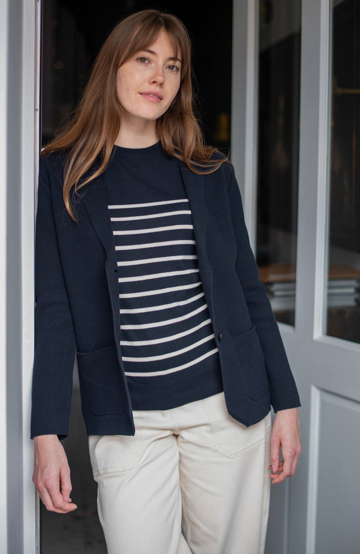 Womens Ultra Fine Cotton Breton Crew Neck Jumper