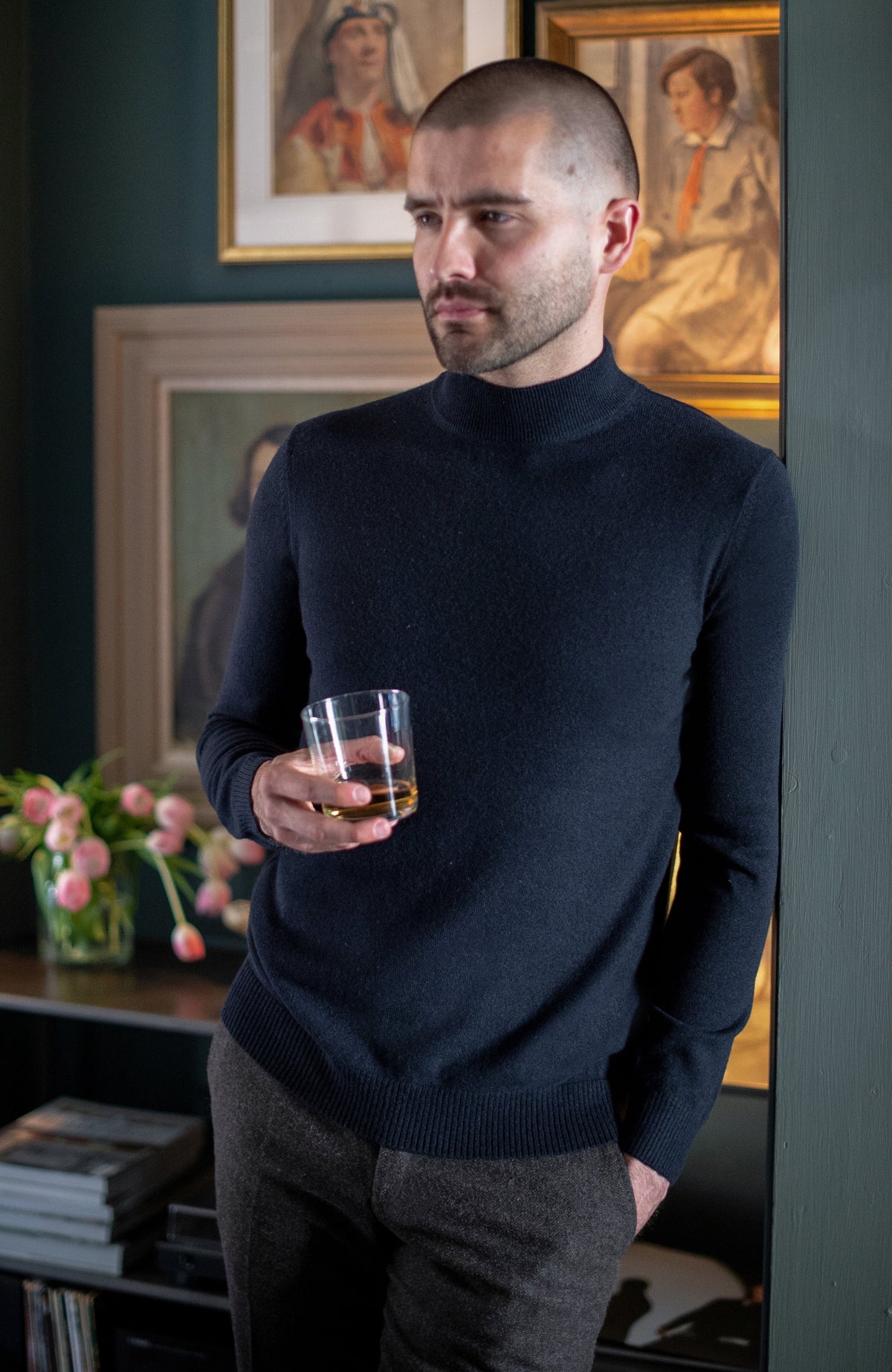 Mens Lightweight Merino Cashmere Mock Turtle Neck Jumper