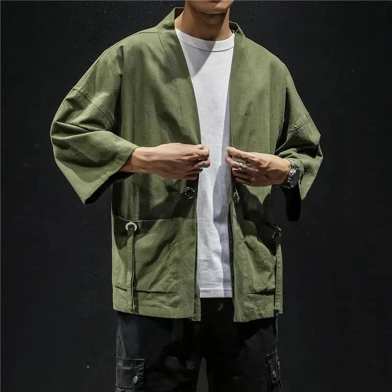Japanese-themed Moss Green Charcoal Grey Men’s Kimono Jacket